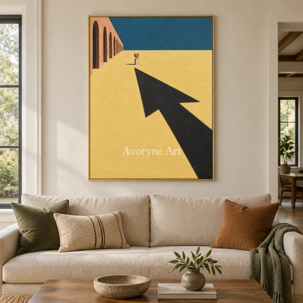 Lucent Reverberation surreal scene wall art with a gold frame hanging in a living room