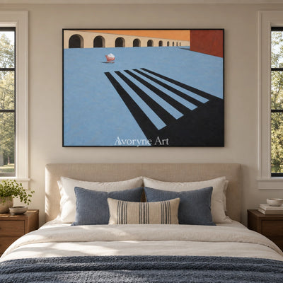Lucent Dialogue surreal scene wall art with a black frame above a bed in a bedroom