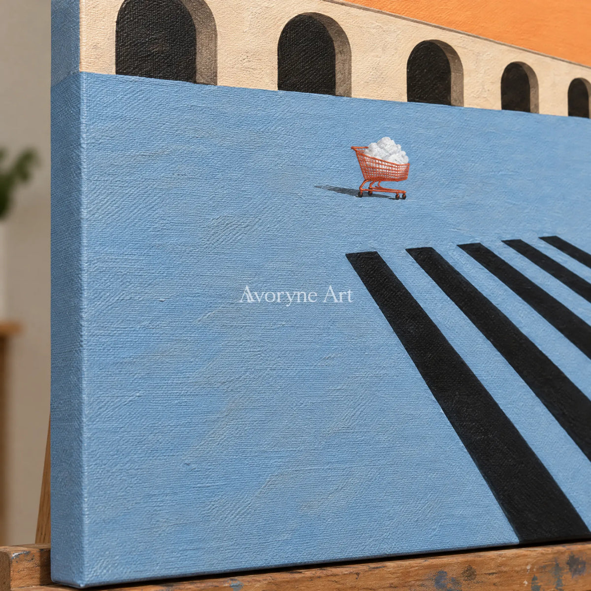Close-up of the hand-painted texture of Lucent Dialogue surreal scene wall art on an easel
