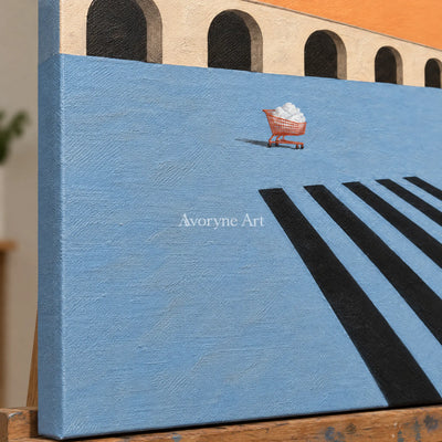 Close-up of the hand-painted texture of Lucent Dialogue surreal scene wall art on an easel