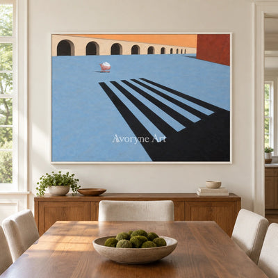 Lucent Dialogue surreal scene wall art with a white frame in a dining room