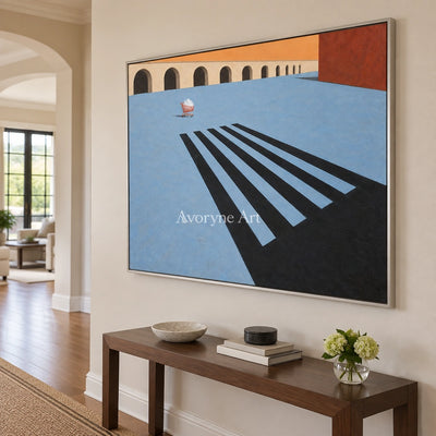 Lucent Dialogue surreal scene wall art with a silver frame in an entryway