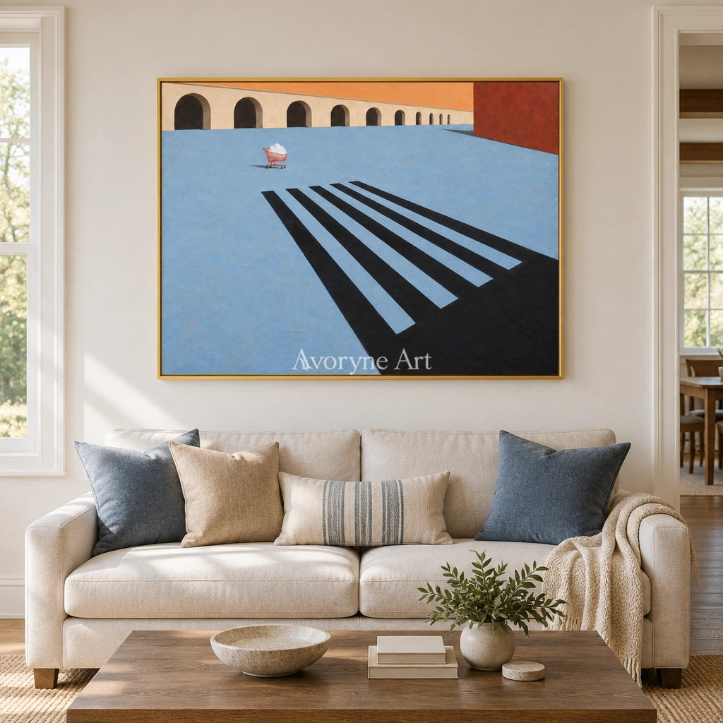 Lucent Dialogue surreal scene wall art with a gold frame hanging in a living room