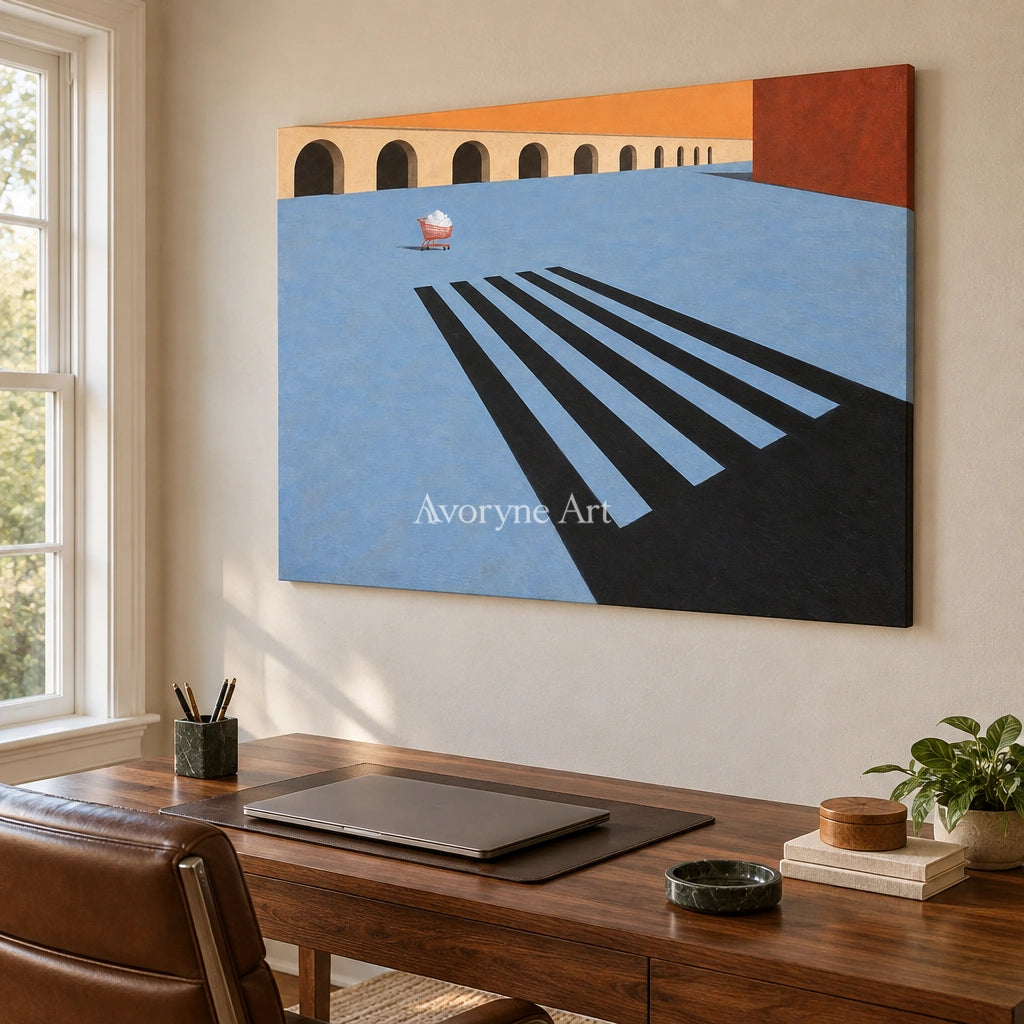 Lucent Dialogue surreal scene wall art as a frameless stretched canvas in a home office