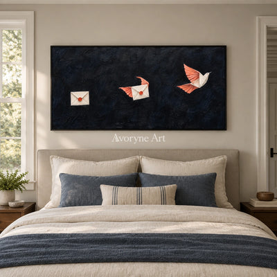Still Cadence surreal scene wall art with a black frame above a bed in a bedroom