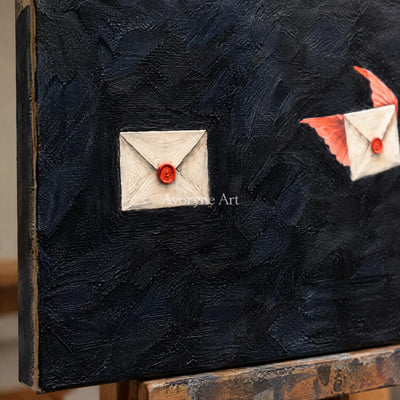 Close-up of the hand-painted texture of Still Cadence surreal scene wall art on an easel