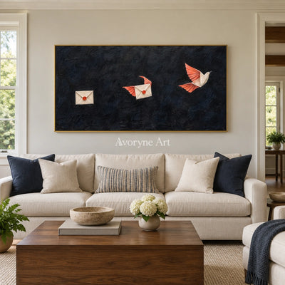 Still Cadence surreal scene wall art with a gold frame hanging in a living room