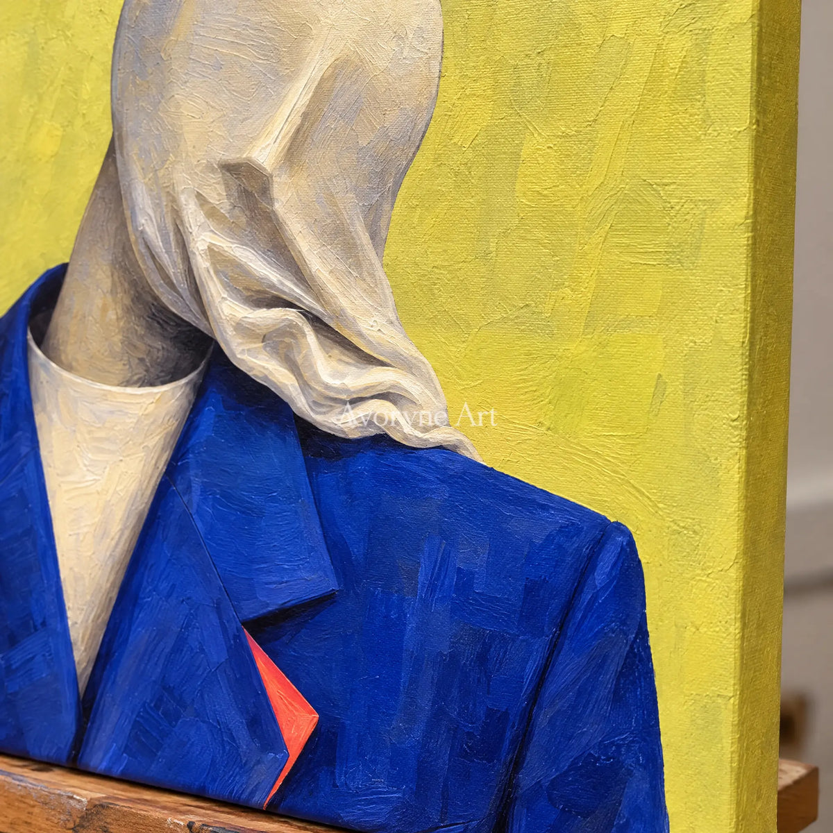 Close-up of the hand-painted texture of Still Gesture surreal scene wall art on an easel