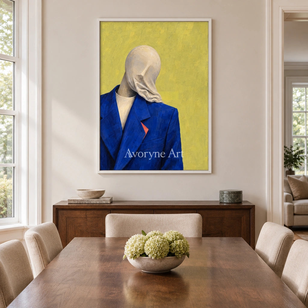 Still Gesture surreal scene wall art with a white frame in a dining room