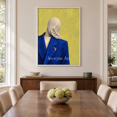 Still Gesture surreal scene wall art with a white frame in a dining room