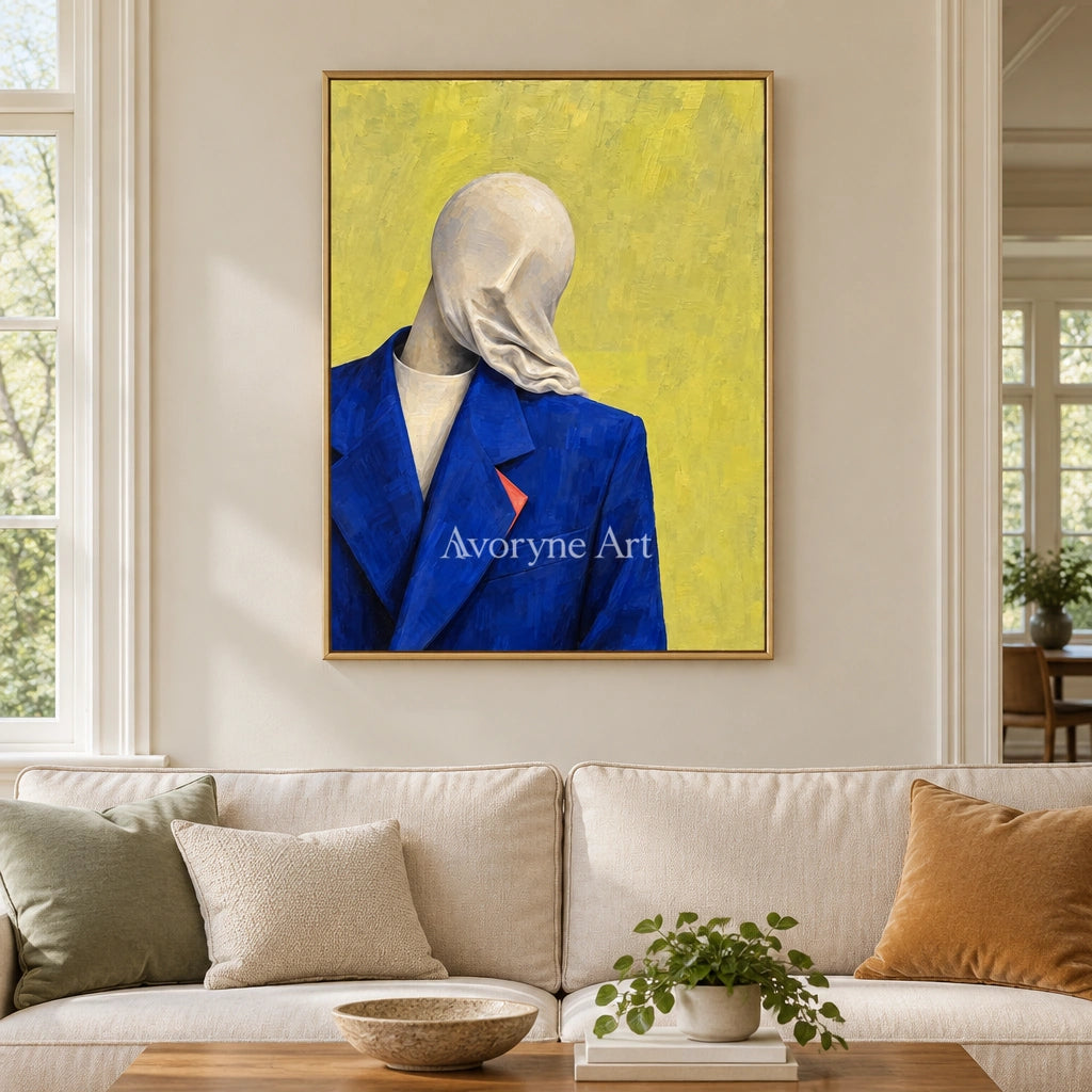 Still Gesture surreal scene wall art with a gold frame hanging in a living room