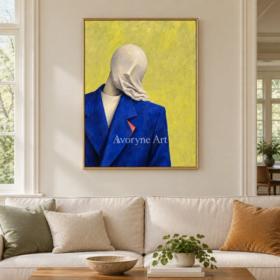 Still Gesture surreal scene wall art with a gold frame hanging in a living room