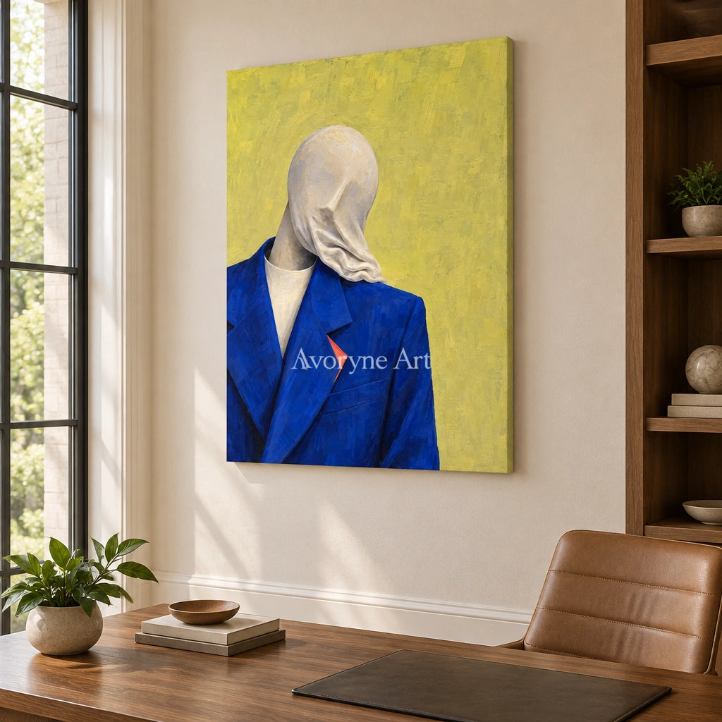 Still Gesture surreal scene wall art as a frameless stretched canvas in a home office
