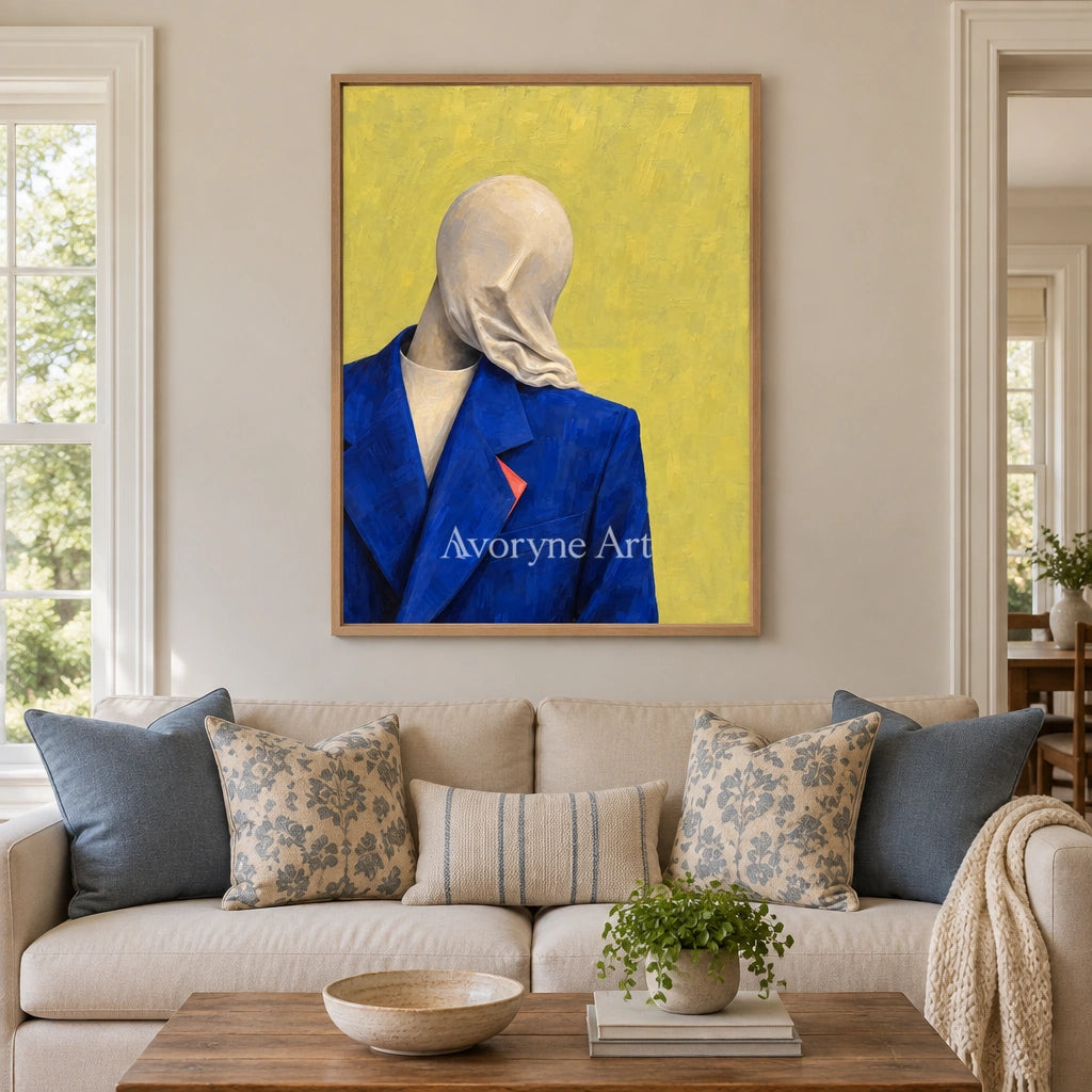 Still Gesture surreal scene wall art with a wood frame in a villa living space
