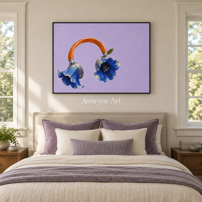 Still Verse surreal scene wall art with a black frame above a bed in a bedroom