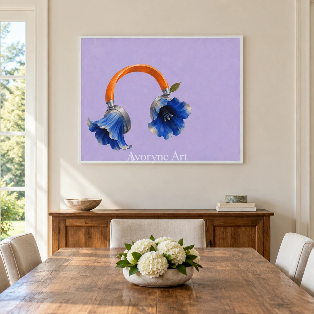 Still Verse surreal scene wall art with a white frame in a dining room