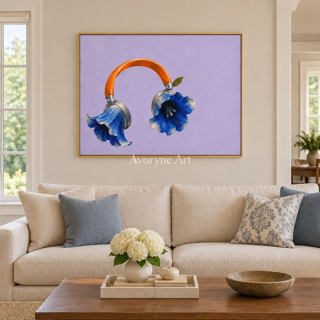 Still Verse surreal scene wall art with a gold frame hanging in a living room