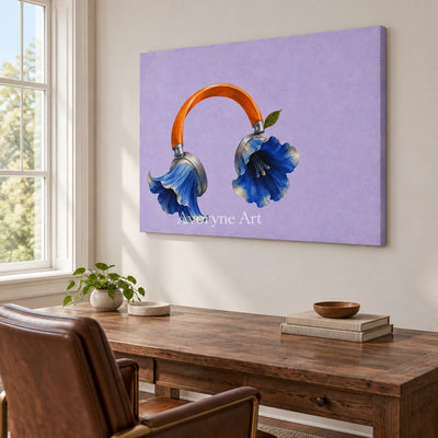 Still Verse surreal scene wall art as a frameless stretched canvas in a home office