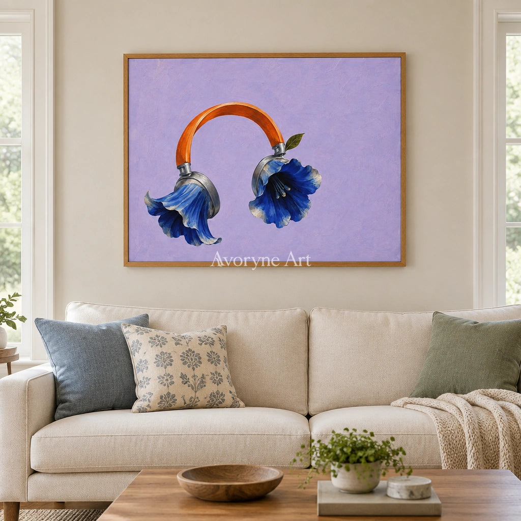 Still Verse surreal scene wall art with a wood frame in a villa living space