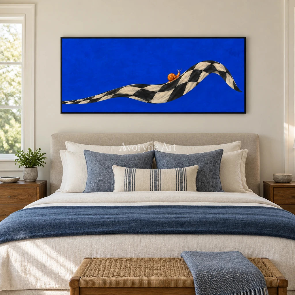 Still Prelude surreal scene wall art with a black frame above a bed in a bedroom