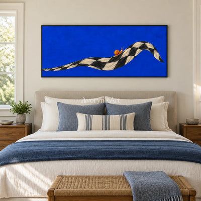 Still Prelude surreal scene wall art with a black frame above a bed in a bedroom