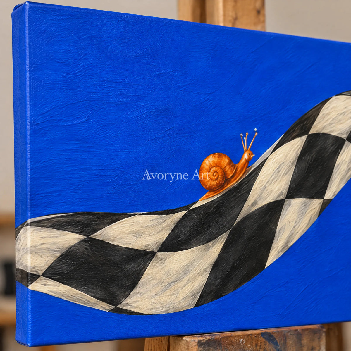 Close-up of the hand-painted texture of Still Prelude surreal scene wall art on an easel