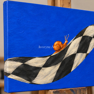 Close-up of the hand-painted texture of Still Prelude surreal scene wall art on an easel