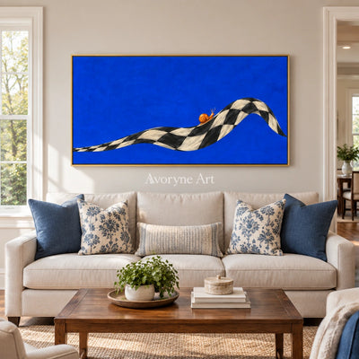 Still Prelude surreal scene wall art with a gold frame hanging in a living room