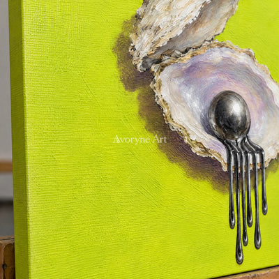 Close-up of the hand-painted texture of Still Current surreal scene wall art on an easel