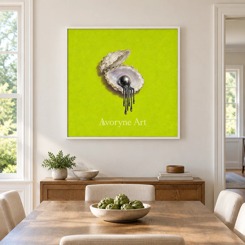 Still Current surreal scene wall art with a white frame in a dining room