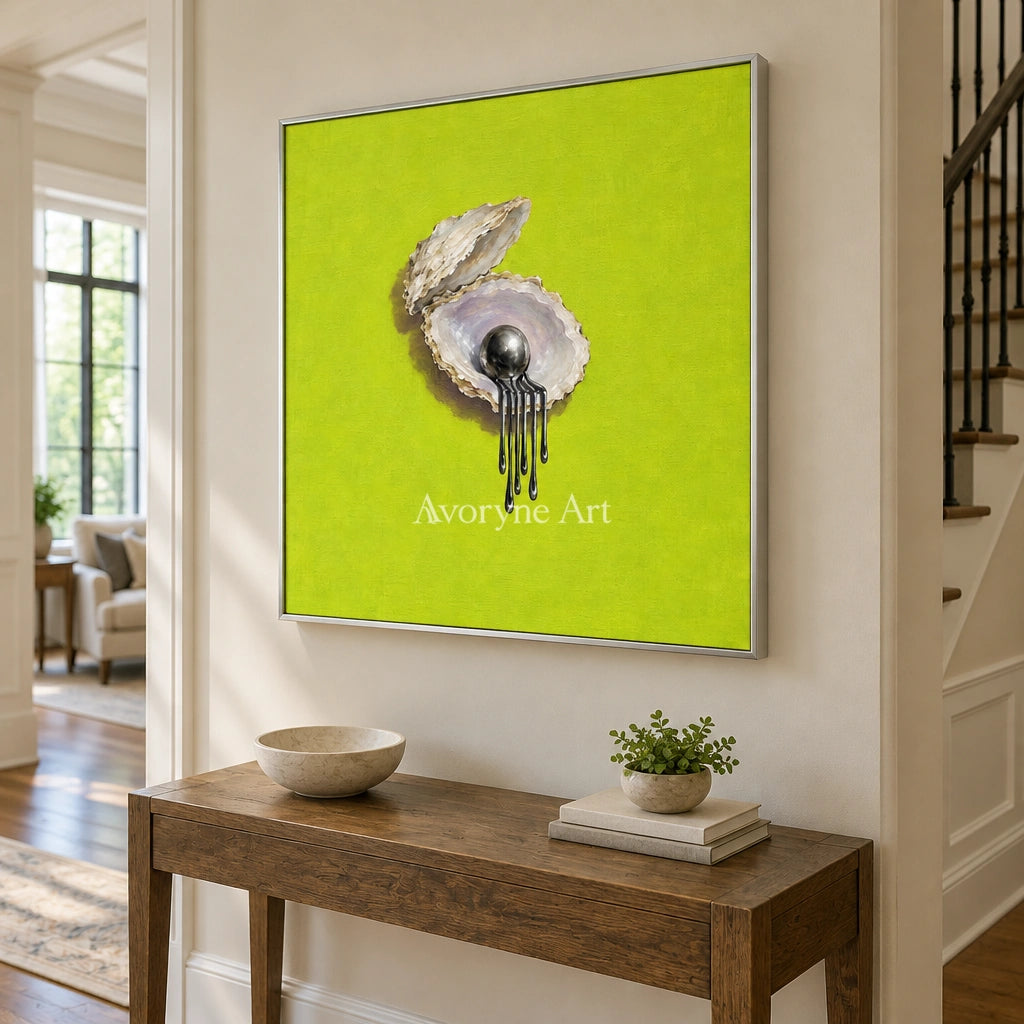 Still Current surreal scene wall art with a silver frame in an entryway