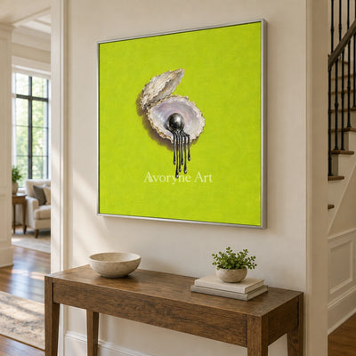 Still Current surreal scene wall art with a silver frame in an entryway