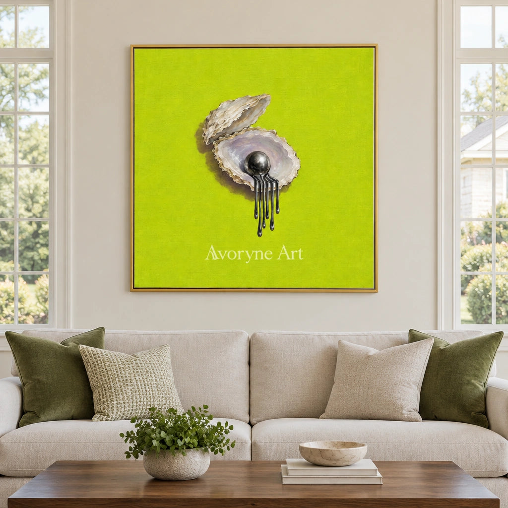 Still Current surreal scene wall art with a gold frame hanging in a living room