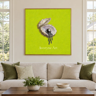Still Current surreal scene wall art with a gold frame hanging in a living room