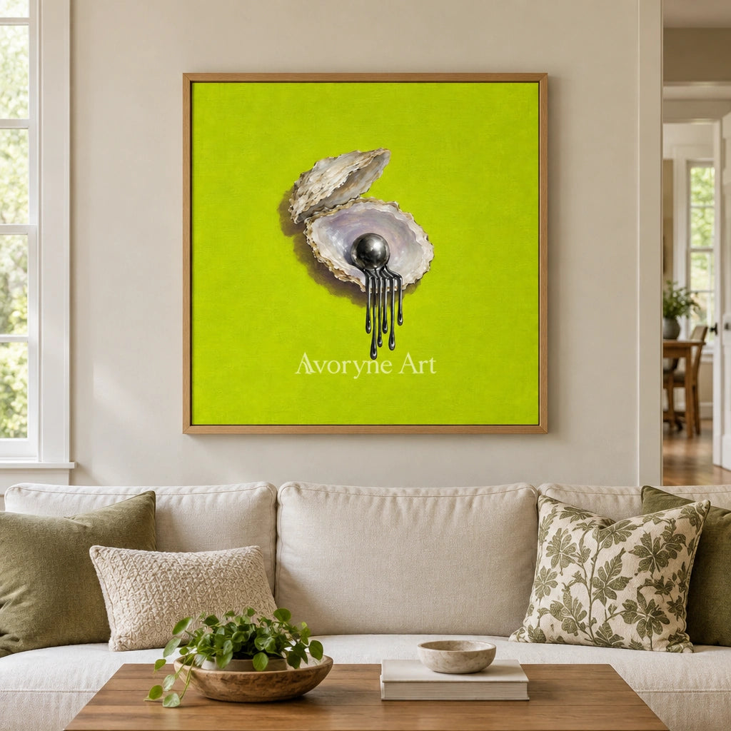 Still Current surreal scene wall art with a wood frame in a villa living space