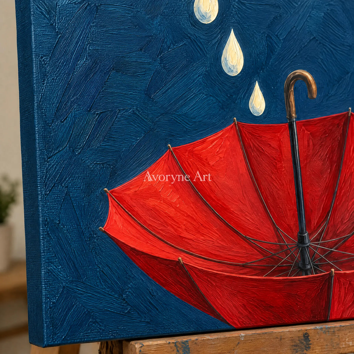 Close-up of the hand-painted texture of Still Reverberation surreal scene wall art on an easel