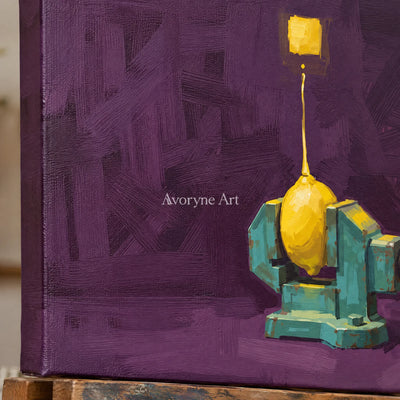 Close-up of the hand-painted texture of Tender Cadence surreal scene wall art on an easel