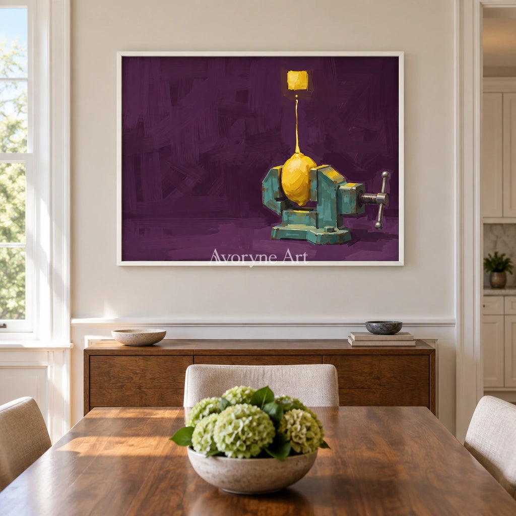 Tender Cadence surreal scene wall art with a white frame in a dining room