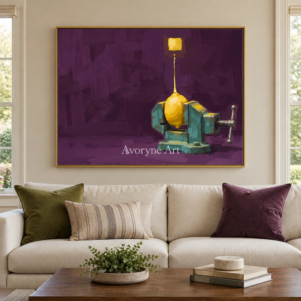 Tender Cadence surreal scene wall art with a gold frame hanging in a living room