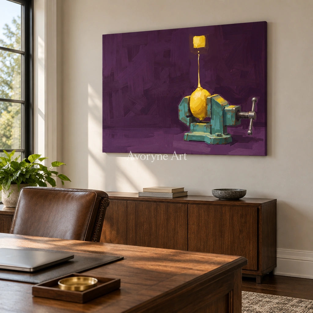 Tender Cadence surreal scene wall art as a frameless stretched canvas in a home office