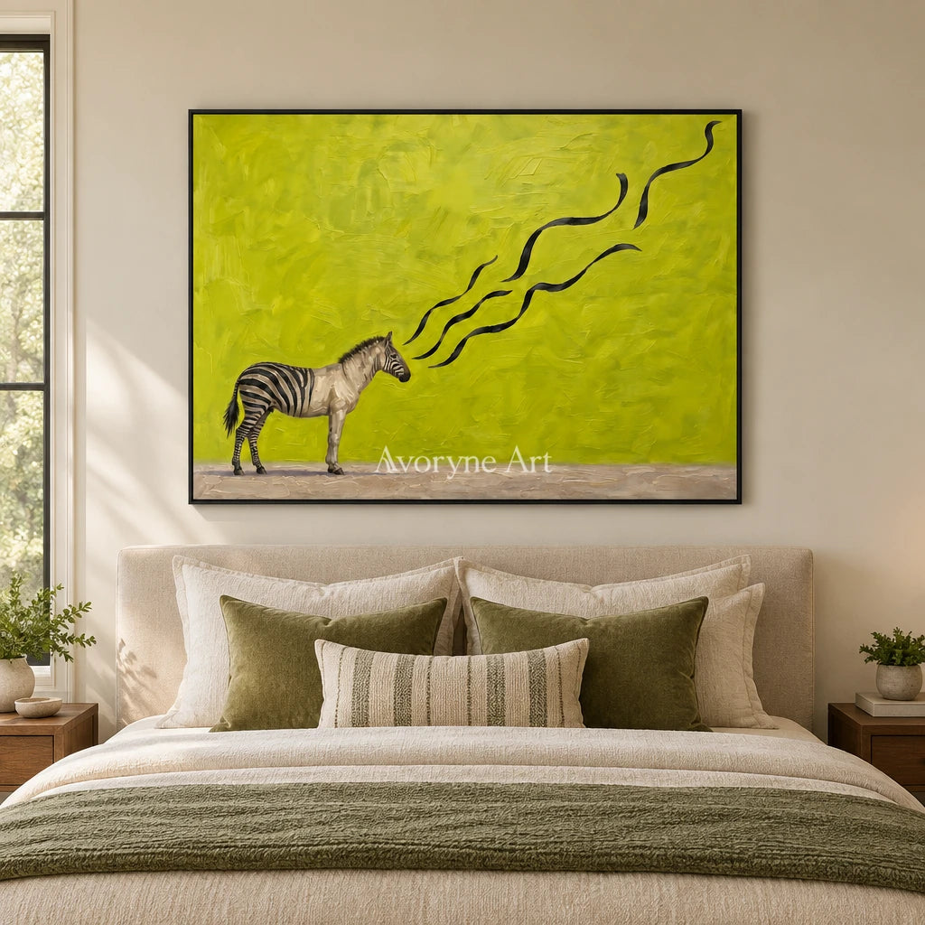 Tender Story surreal scene wall art with a black frame above a bed in a bedroom