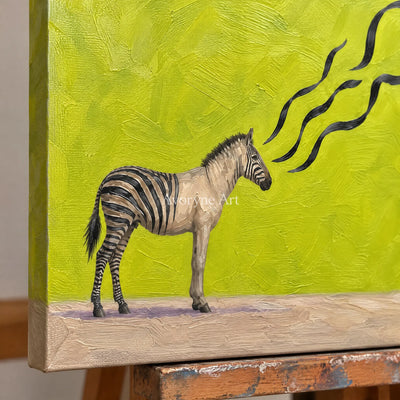 Close-up of the hand-painted texture of Tender Story surreal scene wall art on an easel