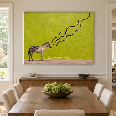 Tender Story surreal scene wall art with a white frame in a dining room