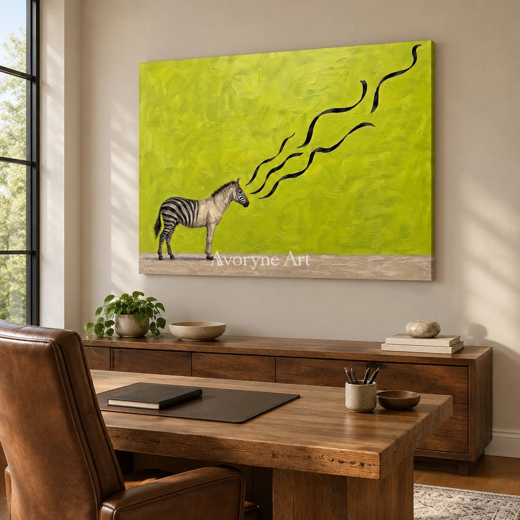 Tender Story surreal scene wall art as a frameless stretched canvas in a home office