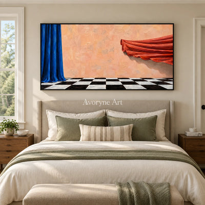 Tender Solace surreal scene wall art with a black frame above a bed in a bedroom
