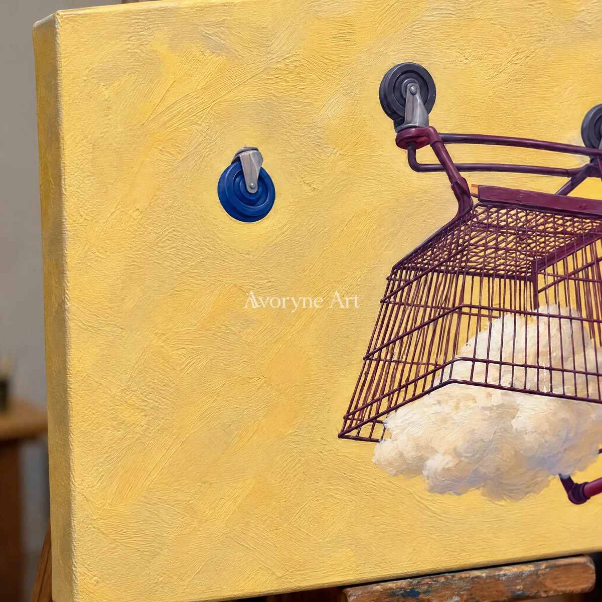 Close-up of the hand-painted texture of Tender Reverberation surreal scene wall art on an easel