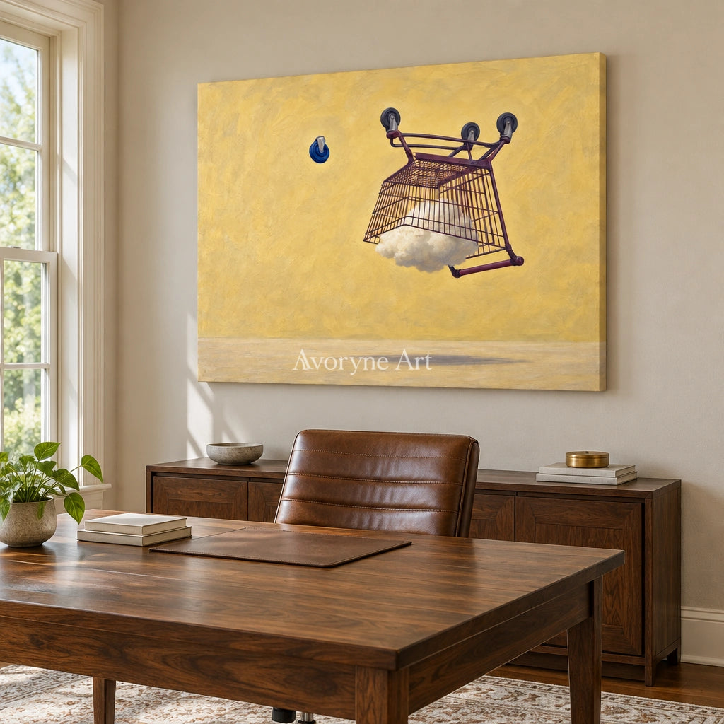 Tender Reverberation surreal scene wall art as a frameless stretched canvas in a home office