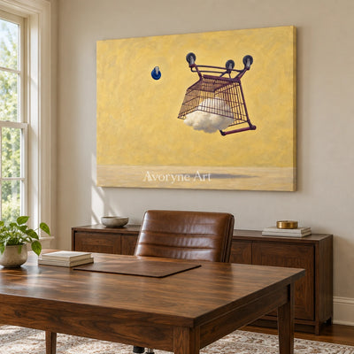 Tender Reverberation surreal scene wall art as a frameless stretched canvas in a home office