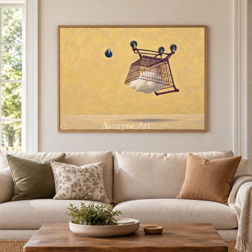 Tender Reverberation surreal scene wall art with a wood frame in a villa living space