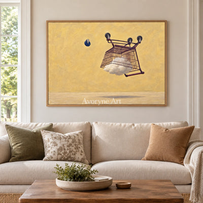 Tender Reverberation surreal scene wall art with a wood frame in a villa living space